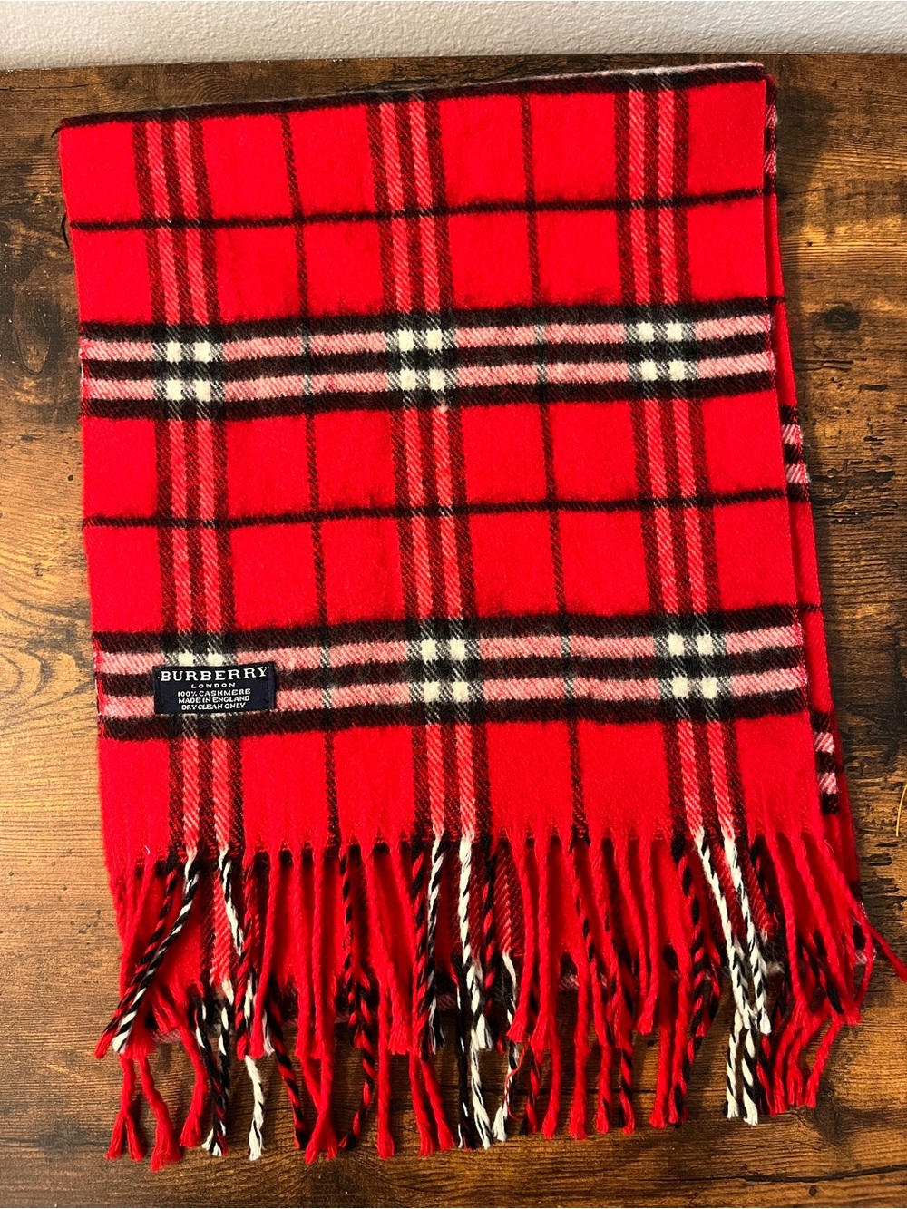 Burberry Cashmere Red Plaid Fringe Scarf